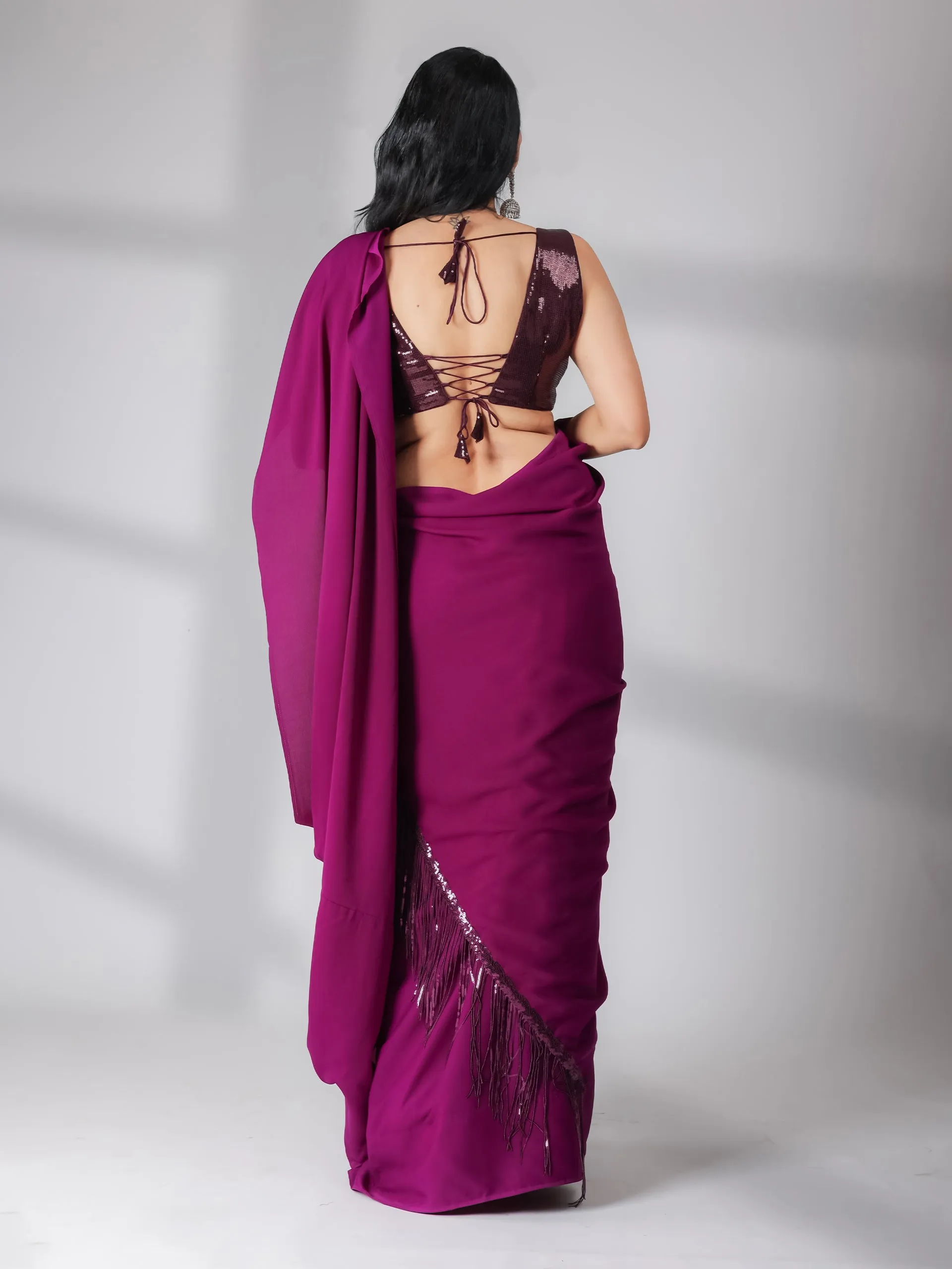 SET | Cocktail Plum Saree With Wine Sequin Sleeveless Blouse - 2 Piece