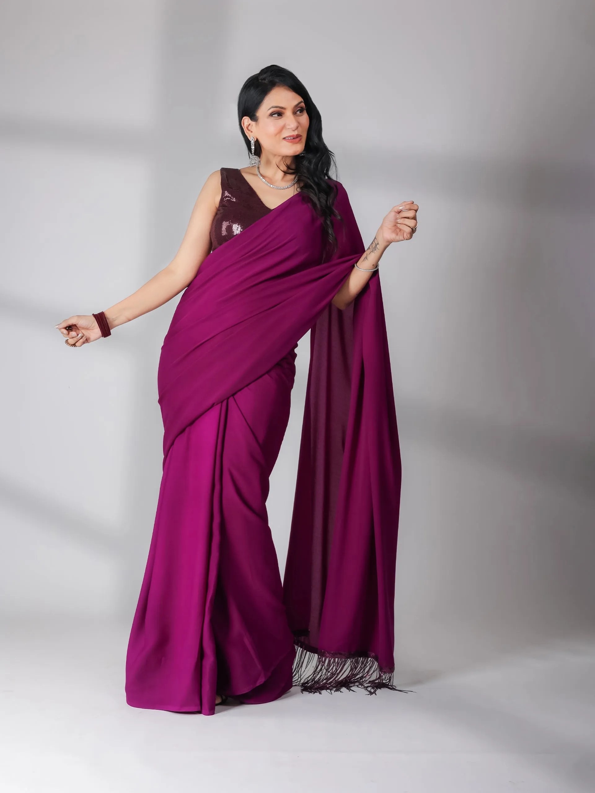 SET | Cocktail Plum Saree With Wine Sequin Sleeveless Blouse - 2 Piece