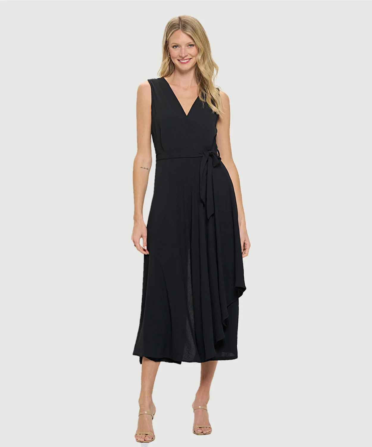 Sleeveless Surplice Airflow Jumpsuit W/ Side Drape And Tie Waist