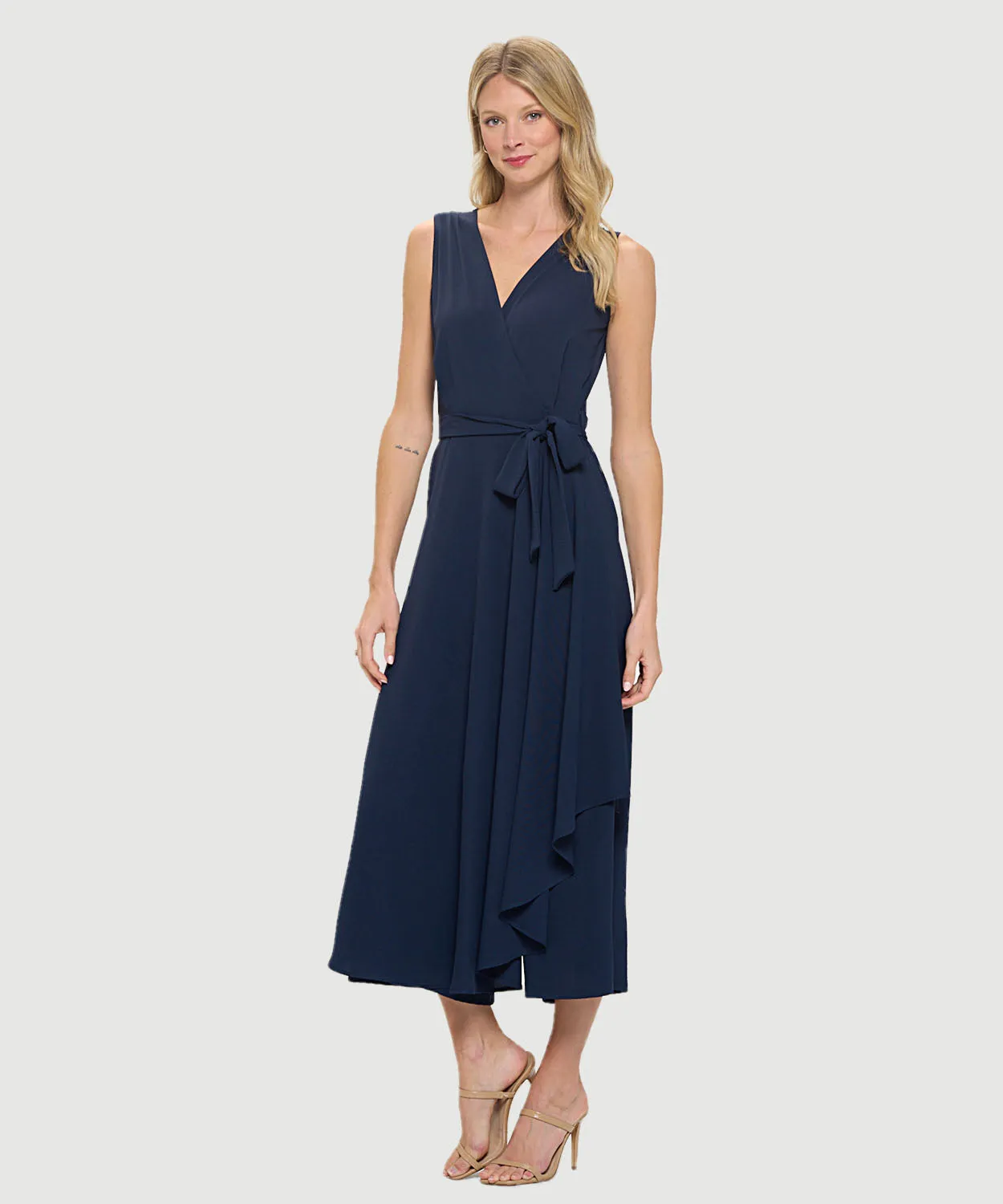 Sleeveless Surplice Airflow Jumpsuit W/ Side Drape And Tie Waist