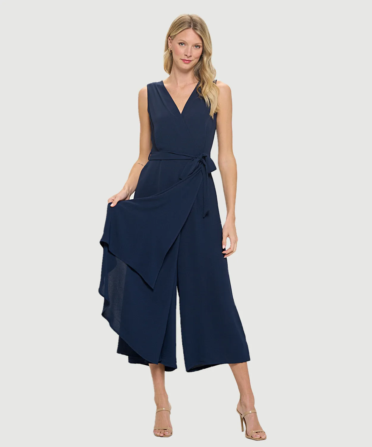 Sleeveless Surplice Airflow Jumpsuit W/ Side Drape And Tie Waist