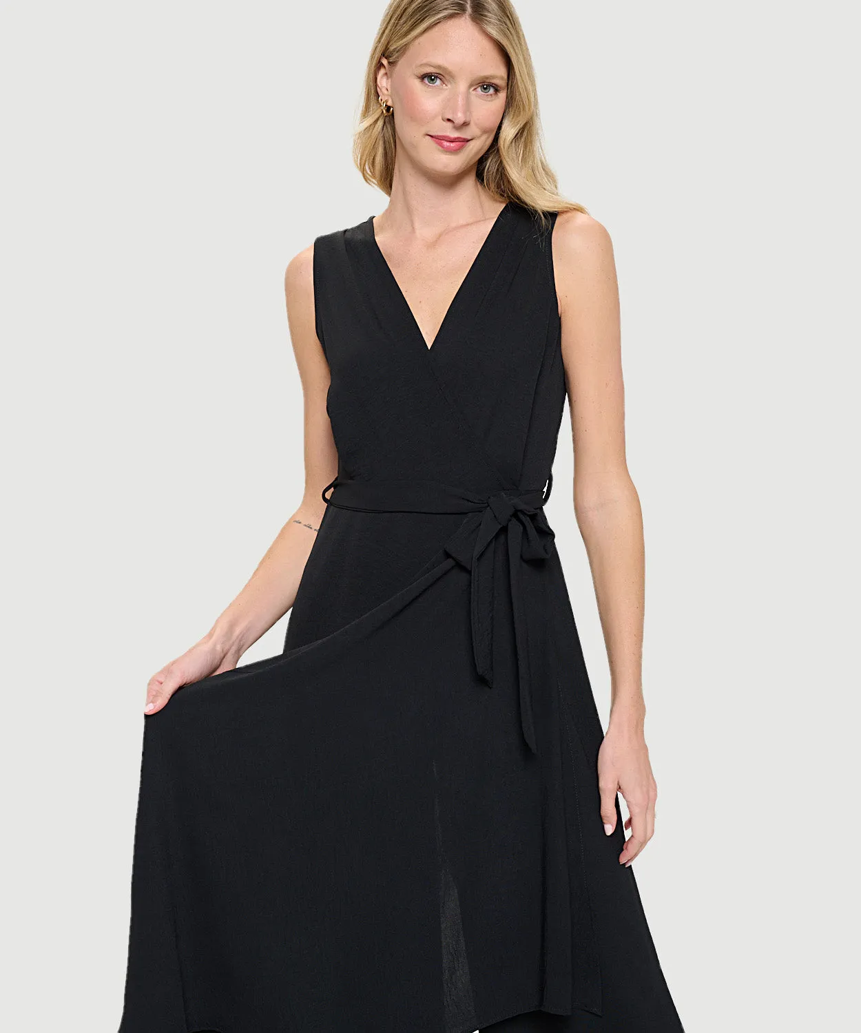 Sleeveless Surplice Airflow Jumpsuit W/ Side Drape And Tie Waist