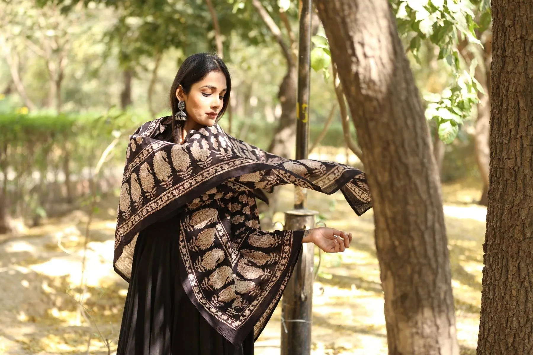 Solid Black Mul Mul Anarkali Suit Set with Block Print Dupatta