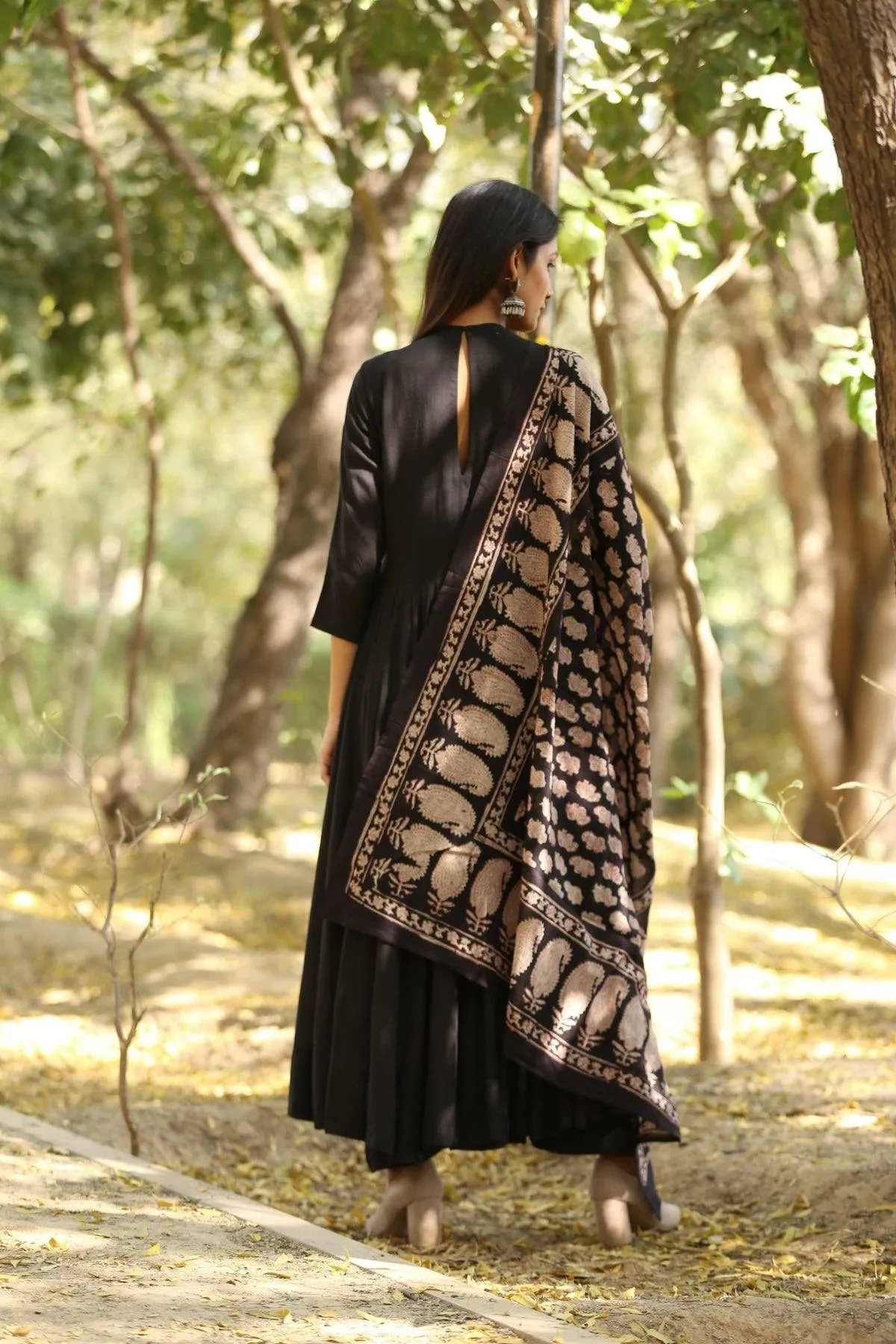 Solid Black Mul Mul Anarkali Suit Set with Block Print Dupatta