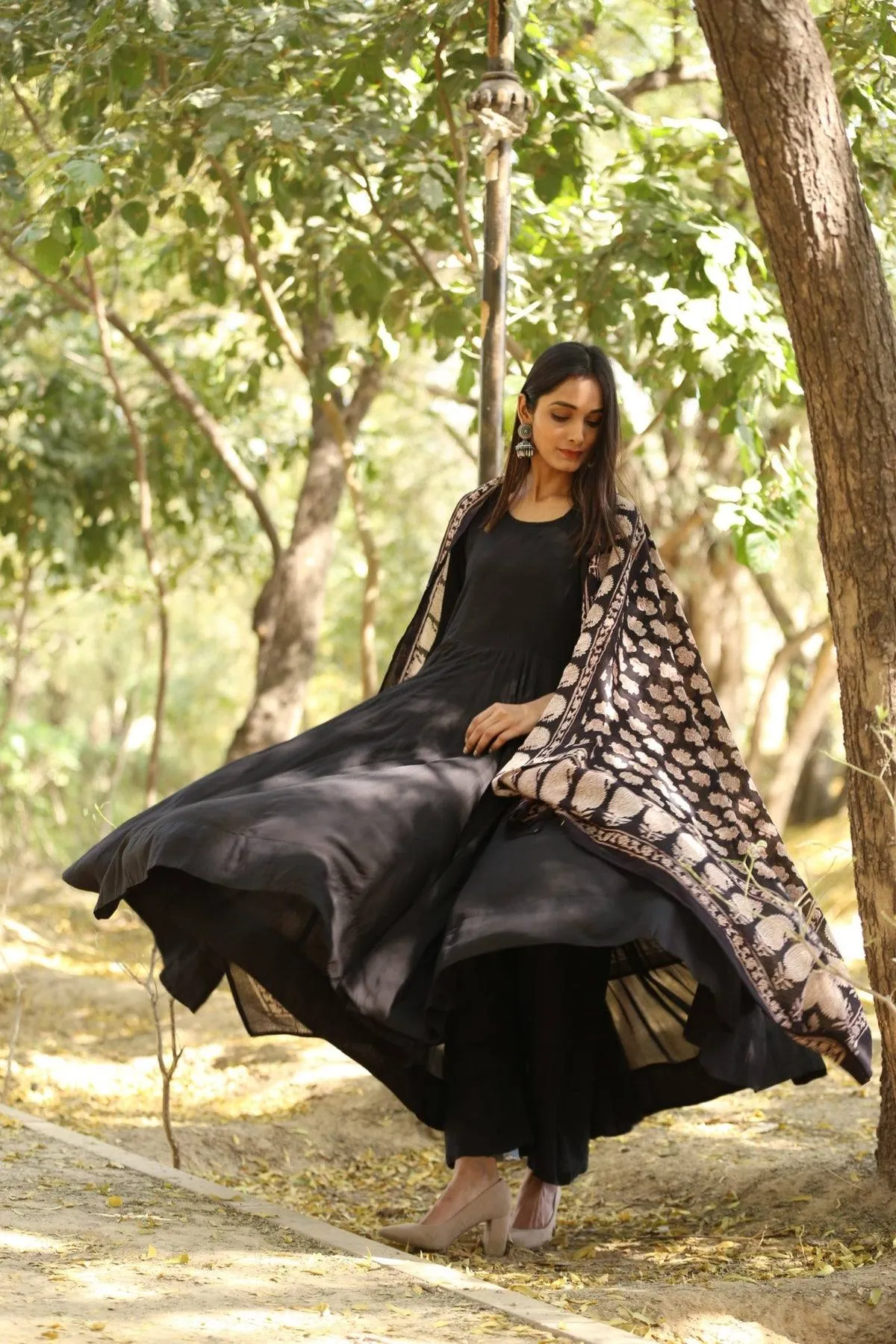 Solid Black Mul Mul Anarkali Suit Set with Block Print Dupatta