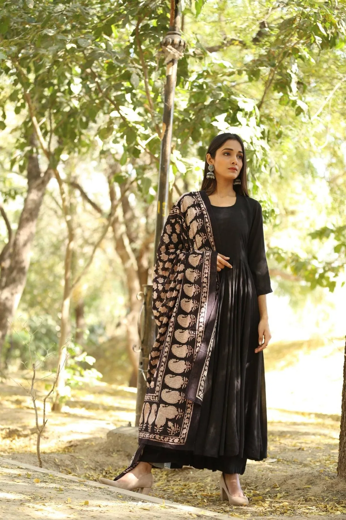 Solid Black Mul Mul Anarkali Suit Set with Block Print Dupatta