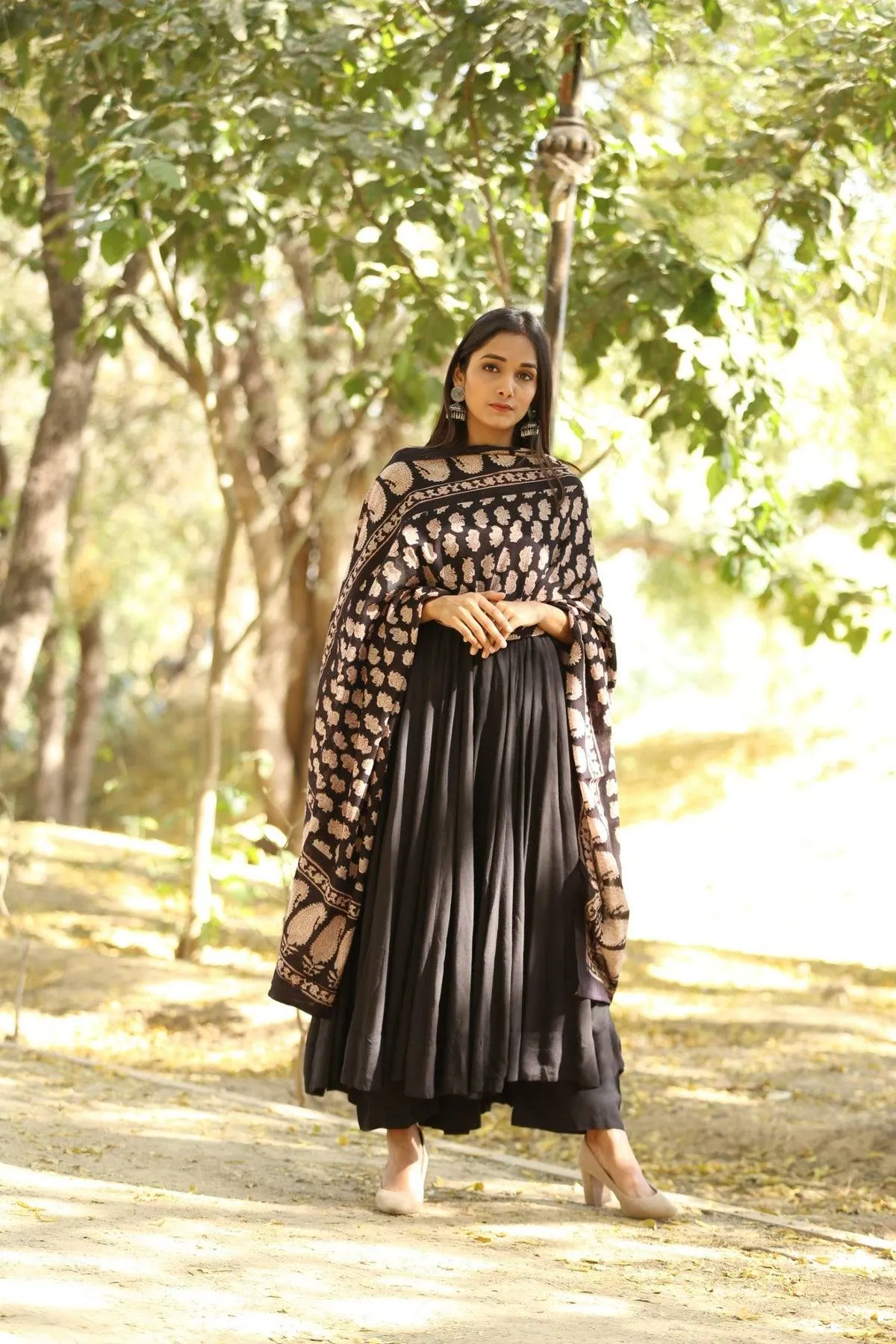 Solid Black Mul Mul Anarkali Suit Set with Block Print Dupatta