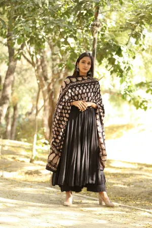 Solid Black Mul Mul Anarkali Suit Set with Block Print Dupatta