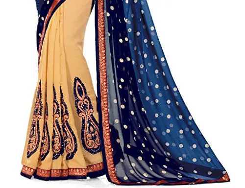 SOURBH Women's Faux Georgette Saree (191A_Beige_Blue)