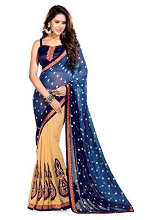 SOURBH Women's Faux Georgette Saree (191A_Beige_Blue)