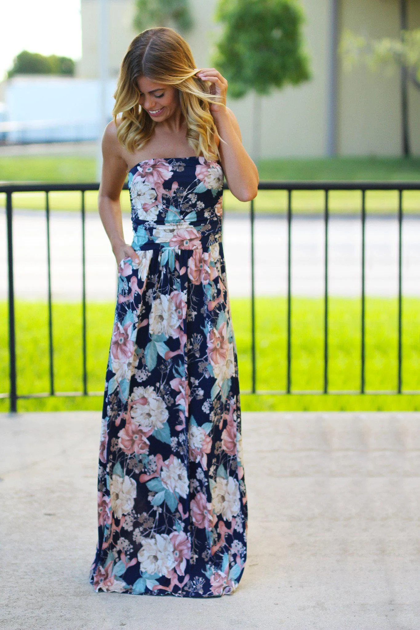 Strapless Peach and Navy Floral Maxi Dress with Pockets