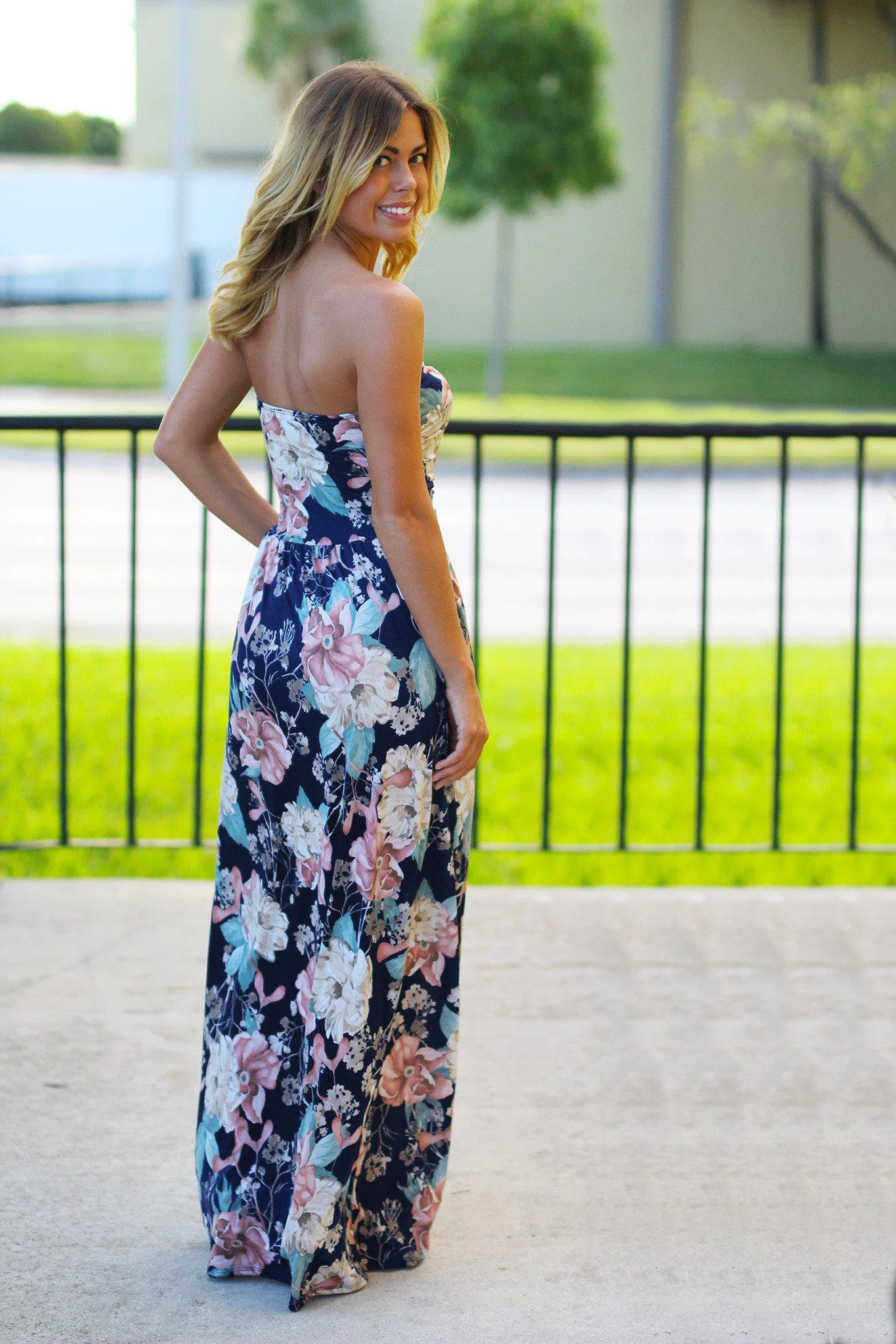 Strapless Peach and Navy Floral Maxi Dress with Pockets