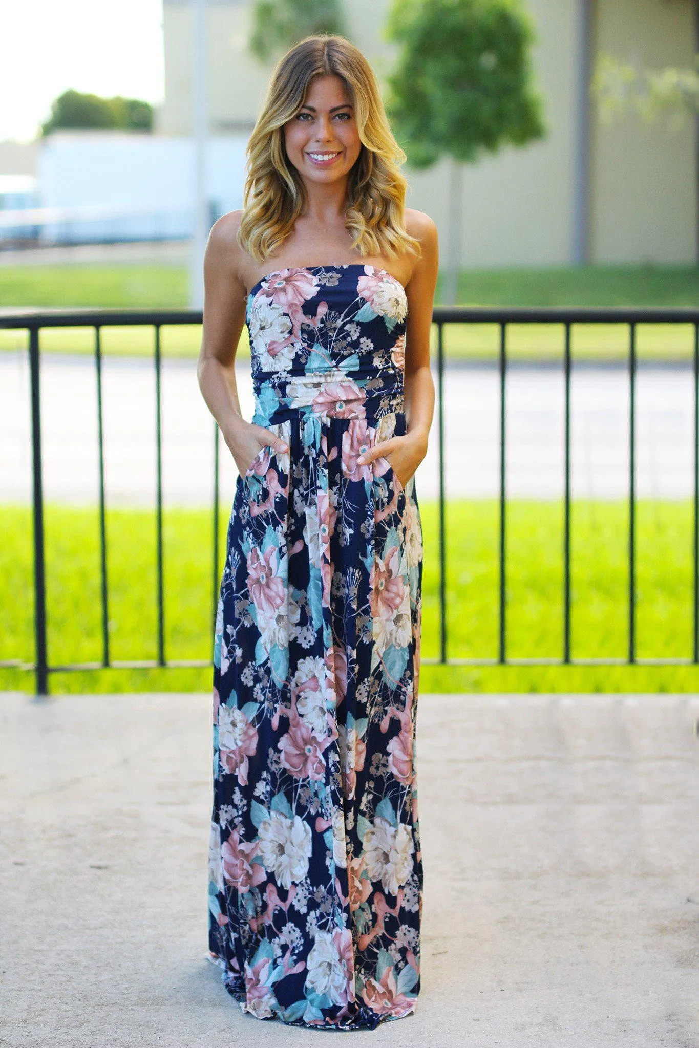 Strapless Peach and Navy Floral Maxi Dress with Pockets