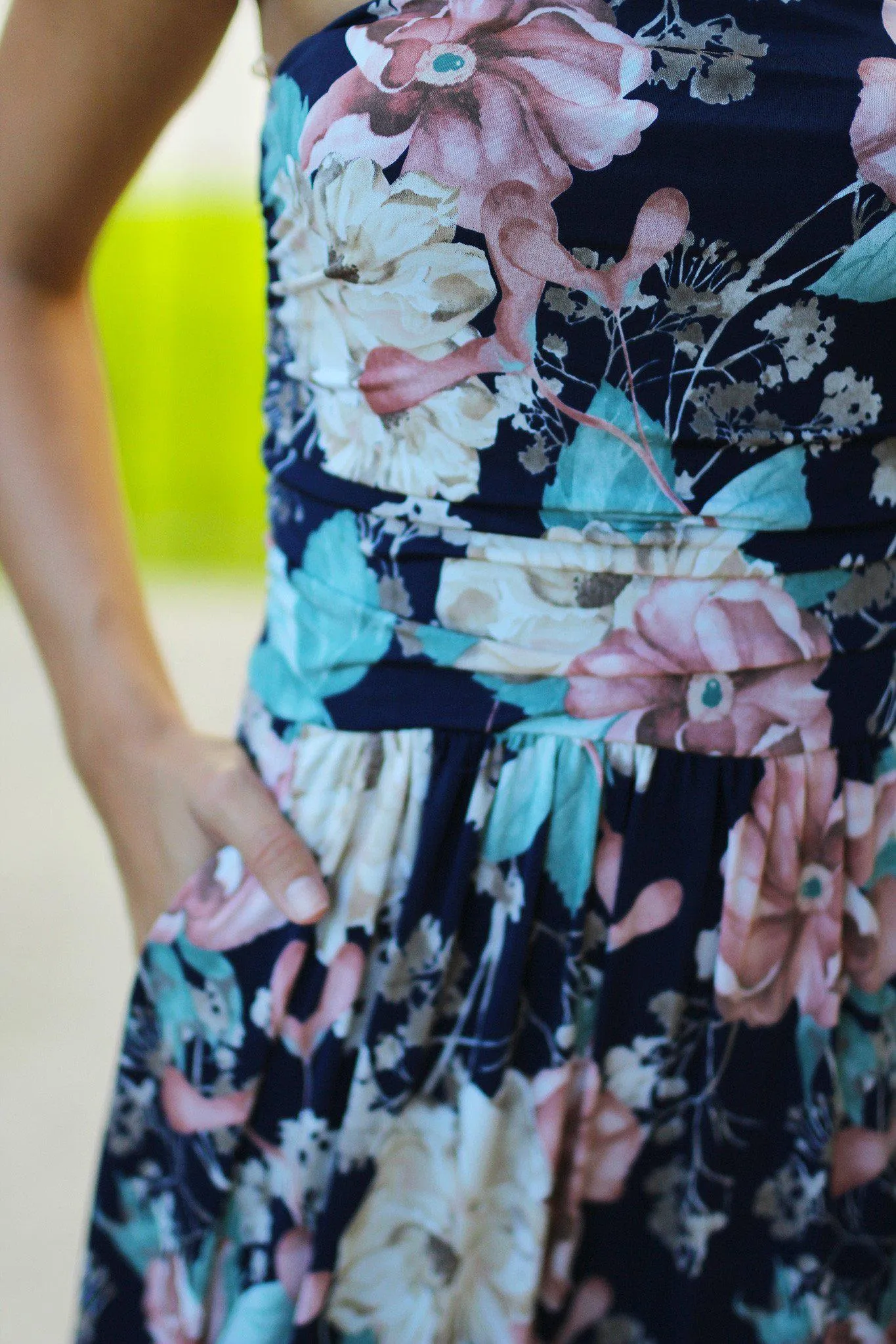 Strapless Peach and Navy Floral Maxi Dress with Pockets