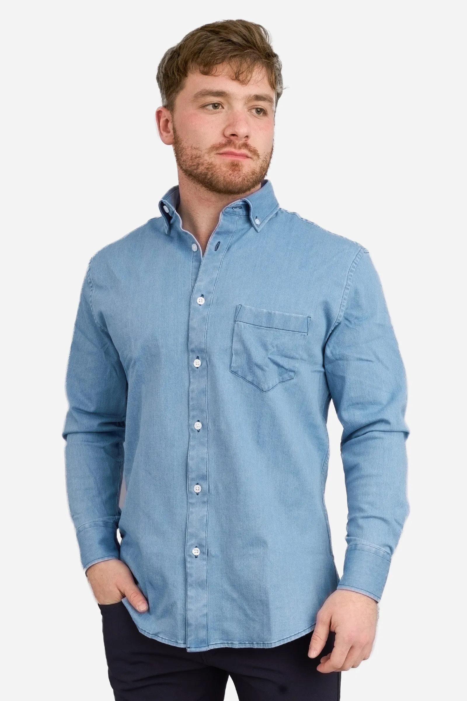 Stretch Denim Button Down Shirt Light Wash