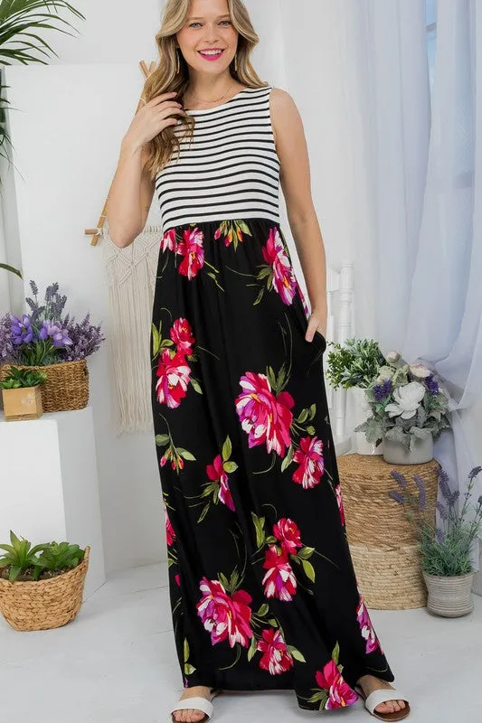 Stripe Floral Tank Maxi Dress