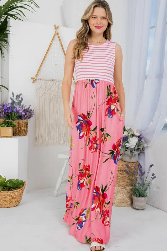 Stripe Floral Tank Maxi Dress