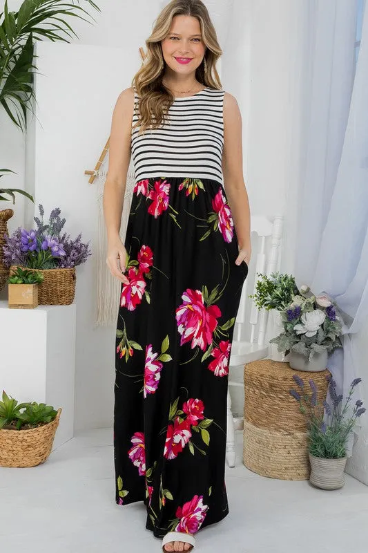 Stripe Floral Tank Maxi Dress