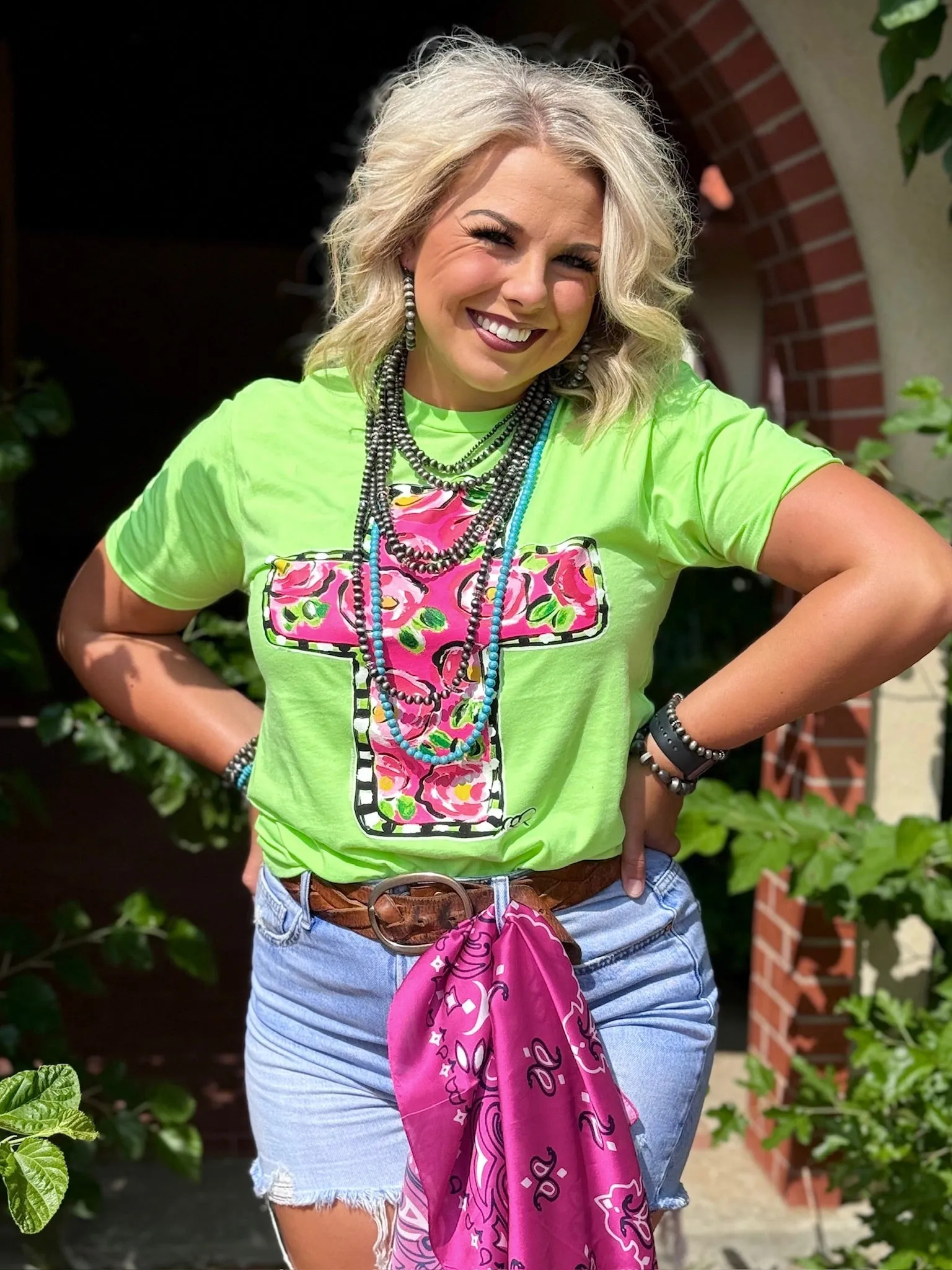 Texas True Threads Callie Ann Stelter Pink Floral Cross Tee