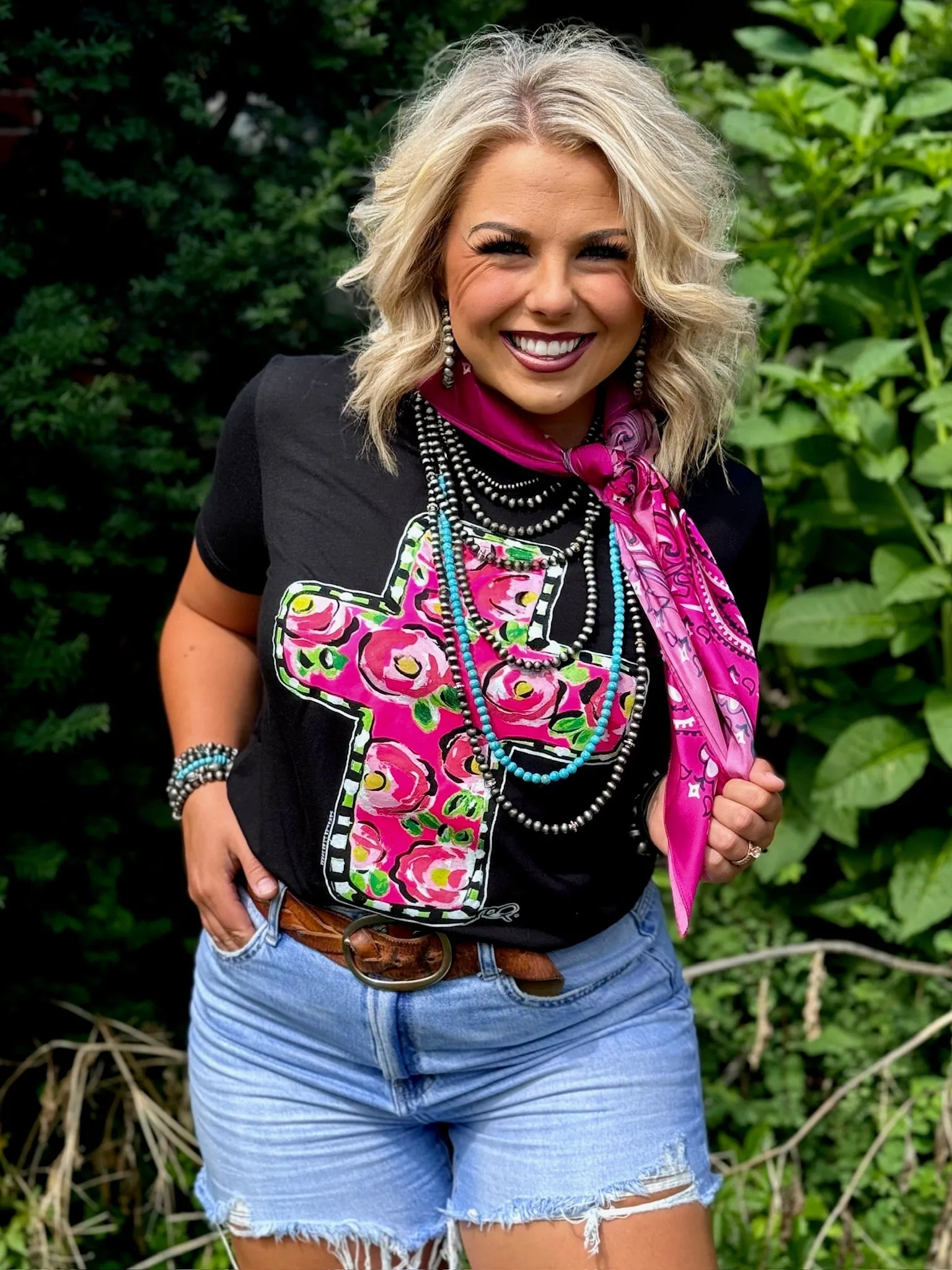 Texas True Threads Callie Ann Stelter Pink Floral Cross Tee