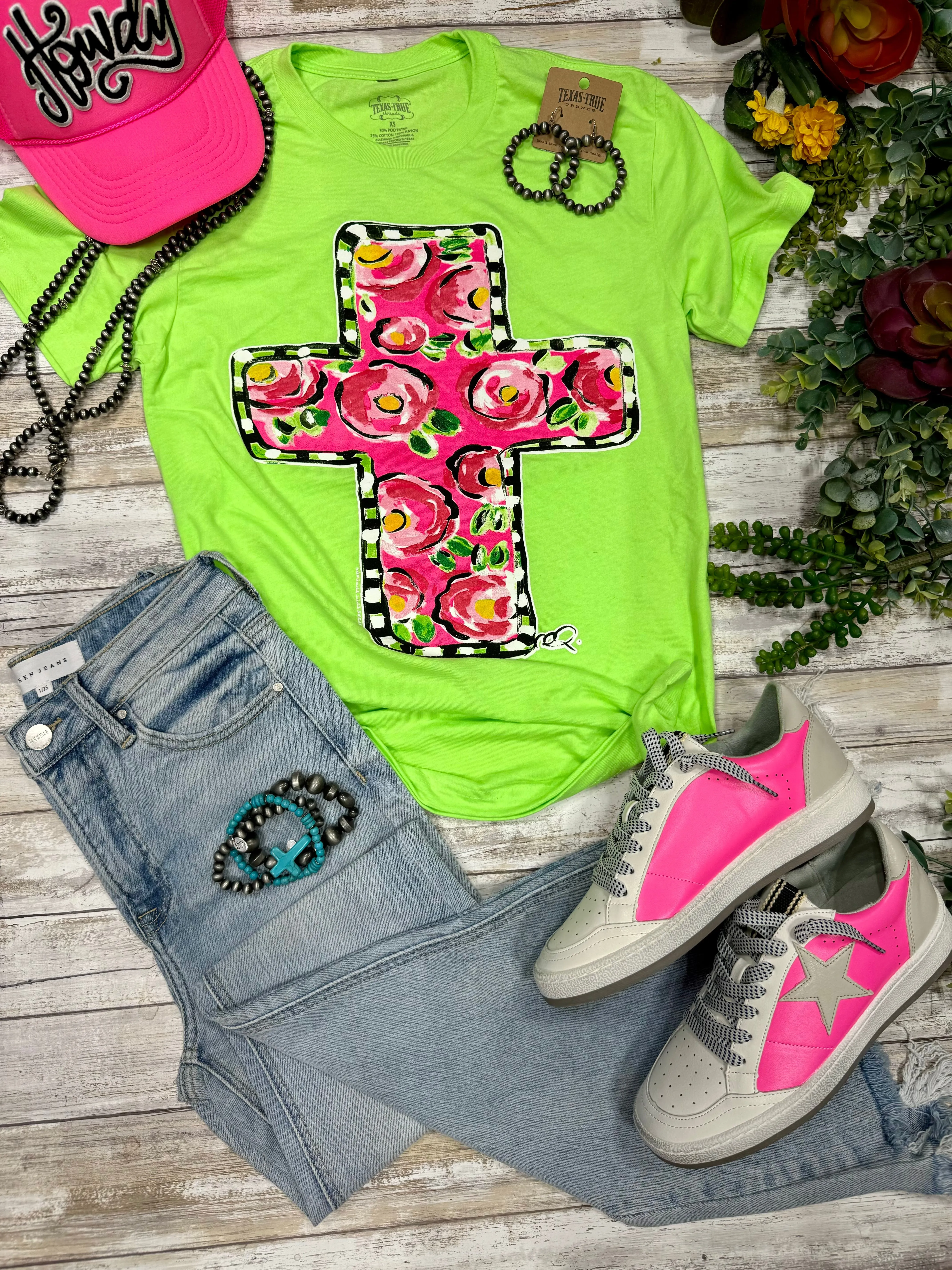 Texas True Threads Callie Ann Stelter Pink Floral Cross Tee