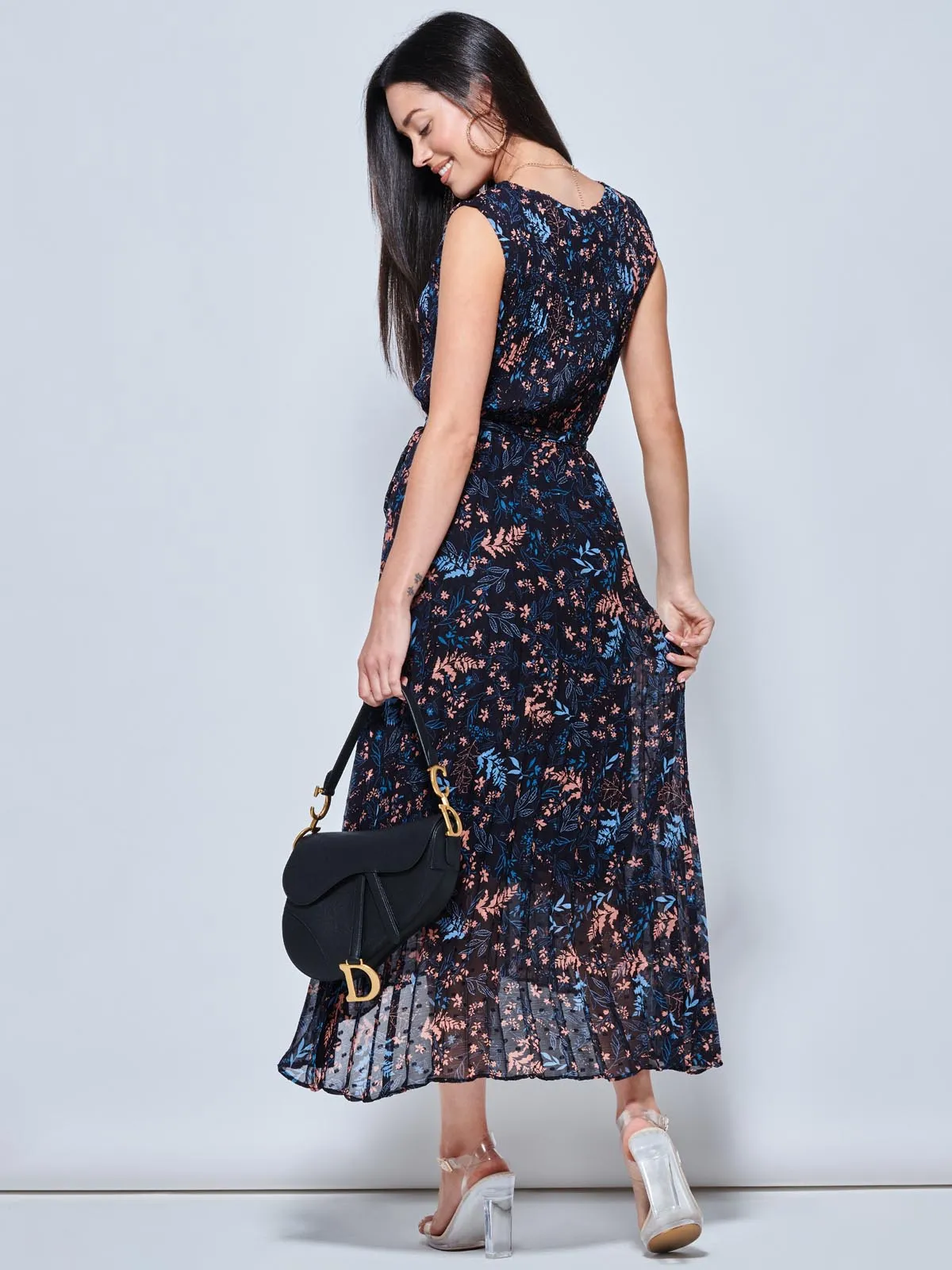 Textured Chiffon Pleated Dress, Navy Floral