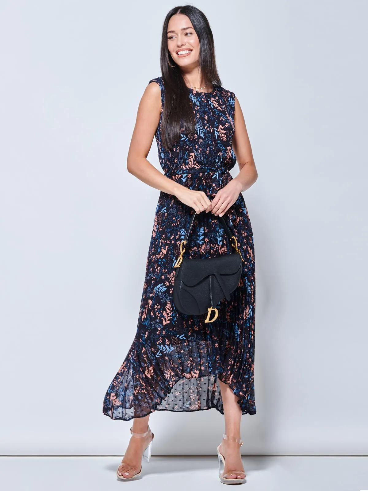 Textured Chiffon Pleated Dress, Navy Floral