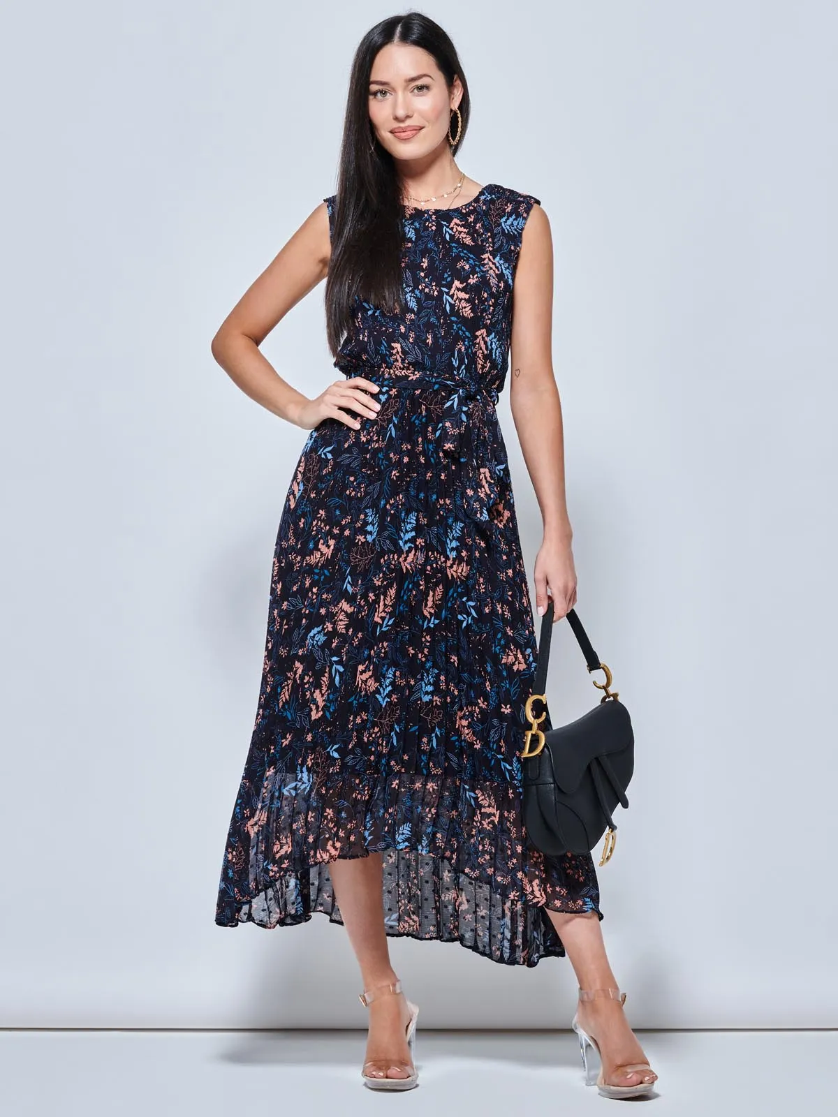 Textured Chiffon Pleated Dress, Navy Floral