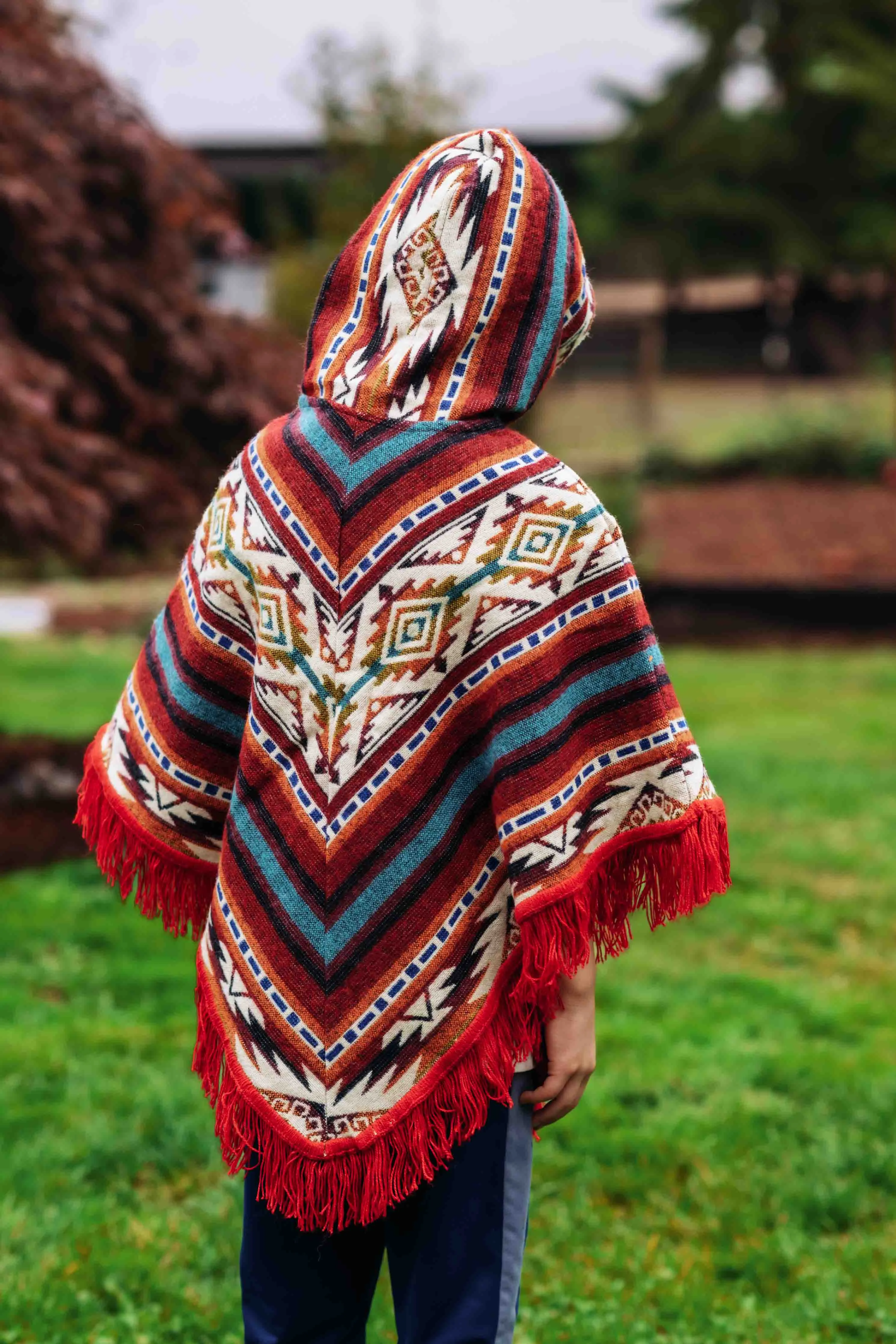 Toddler Kids Conquistador Alpaca Poncho - Blue - with Native Pattern Triangular Design