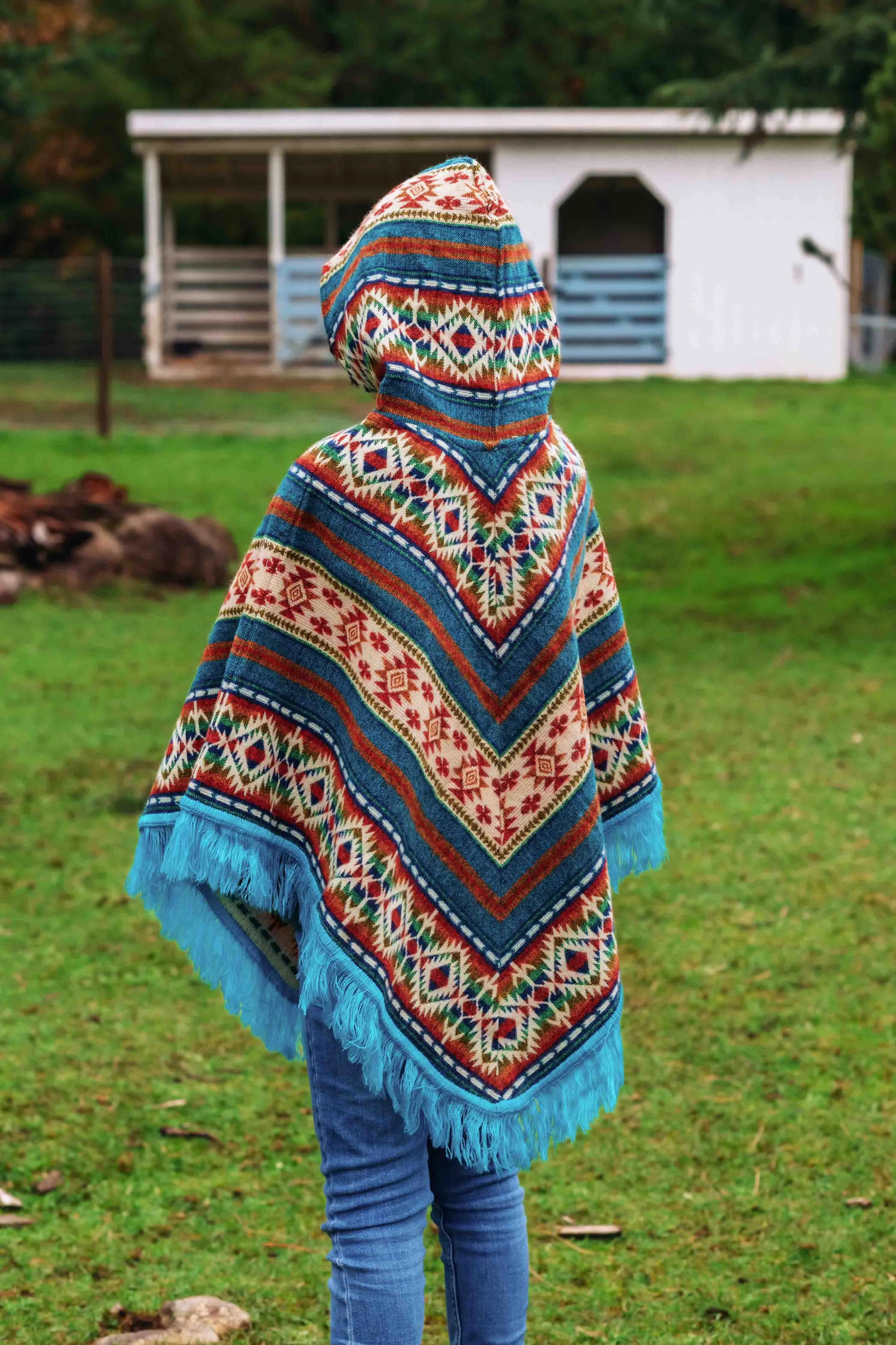 Toddler Kids Conquistador Alpaca Poncho - Blue - with Native Pattern Triangular Design