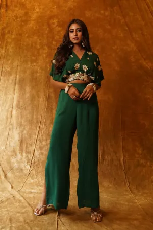 U Neck Crop Top and Palazzo Pants in Emerald Green