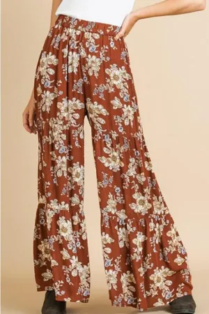 Umgee Floral Ruffle Pants - Brown Mix