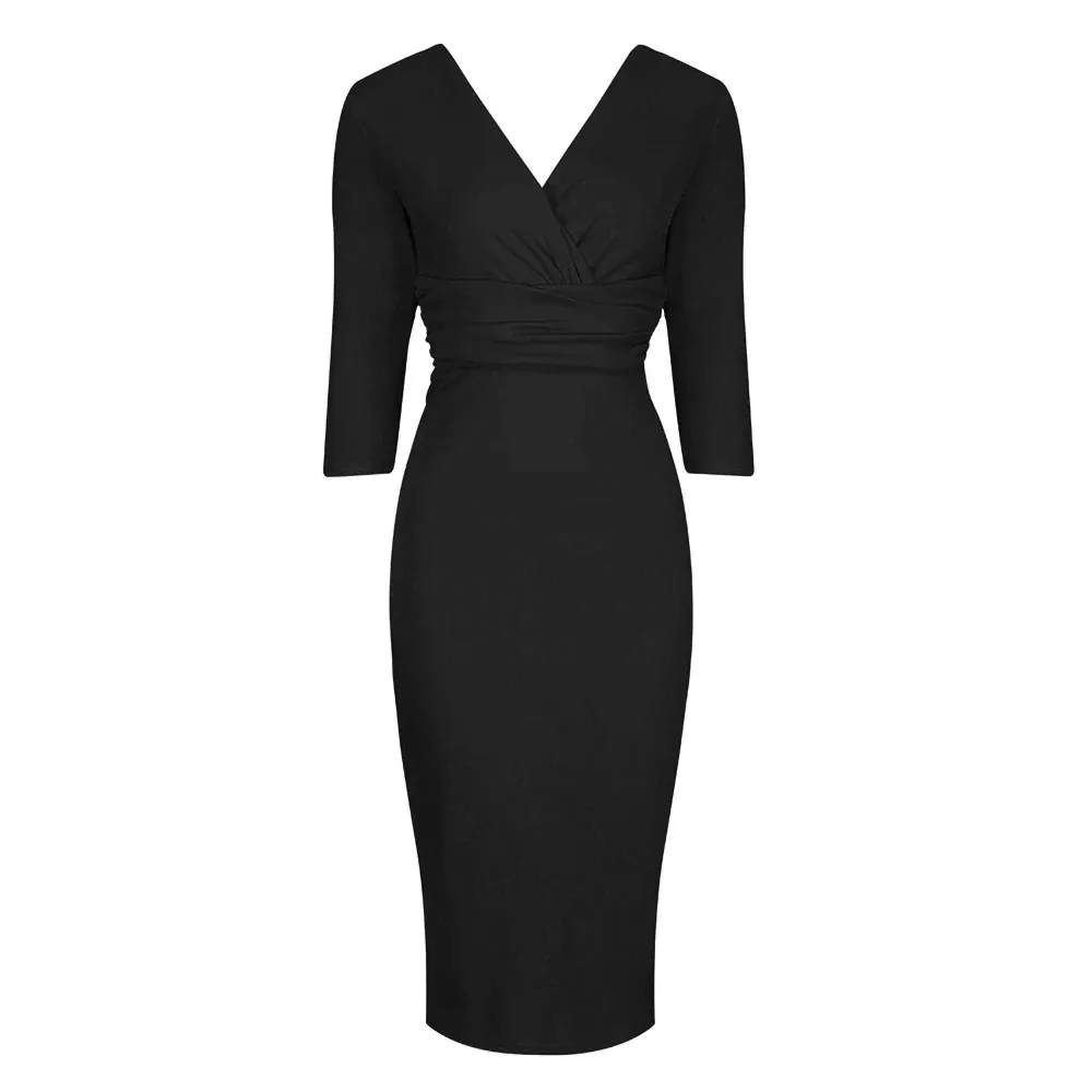 Vintage Black Wrap Over Midi Pencil Dress