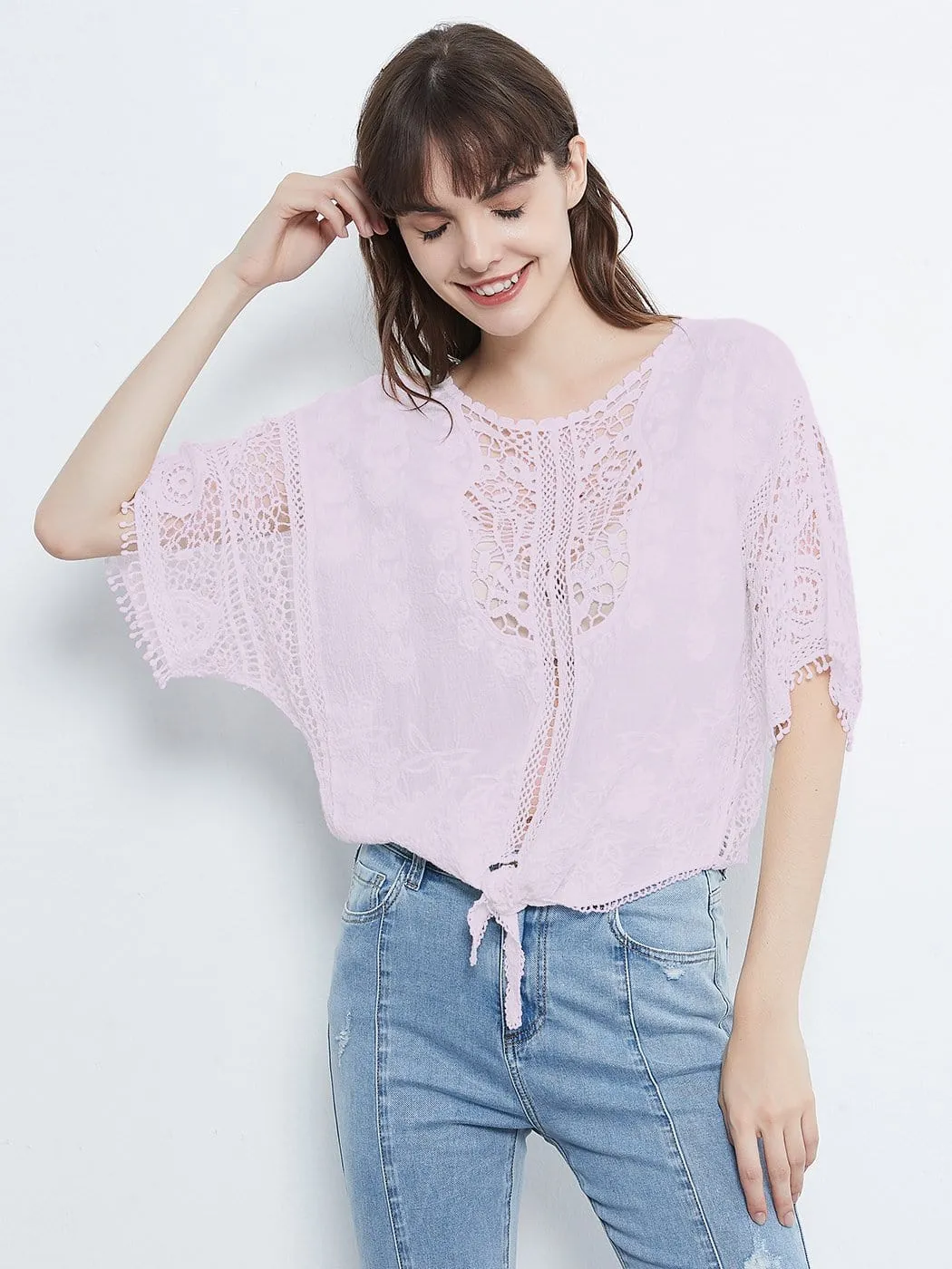 White Lace Crochet Blouse Tie Knot Top