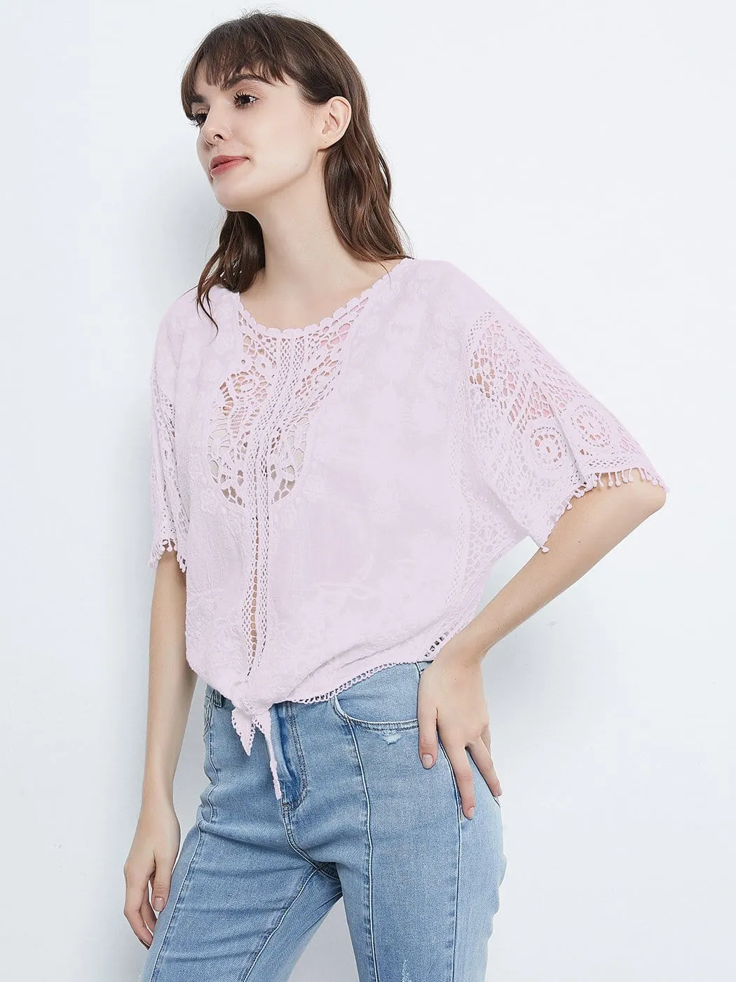 White Lace Crochet Blouse Tie Knot Top