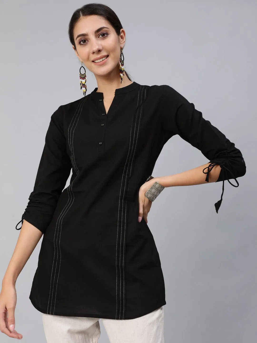 Women Black Pleated Tunic With Three Quarter Sleeves