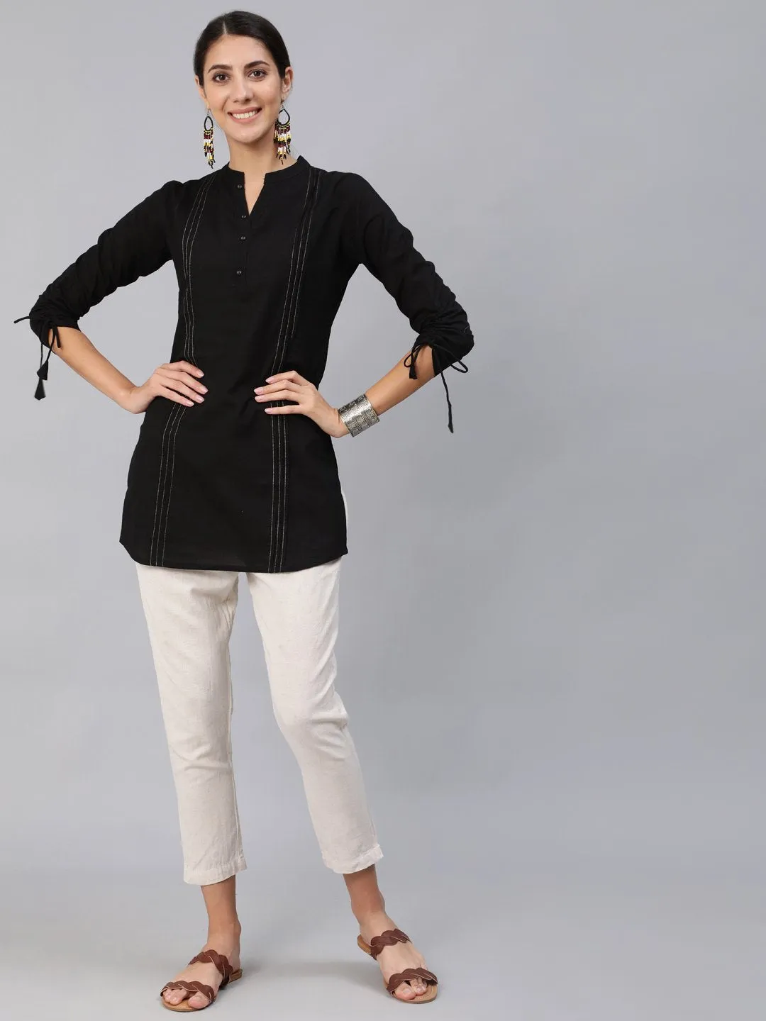 Women Black Pleated Tunic With Three Quarter Sleeves