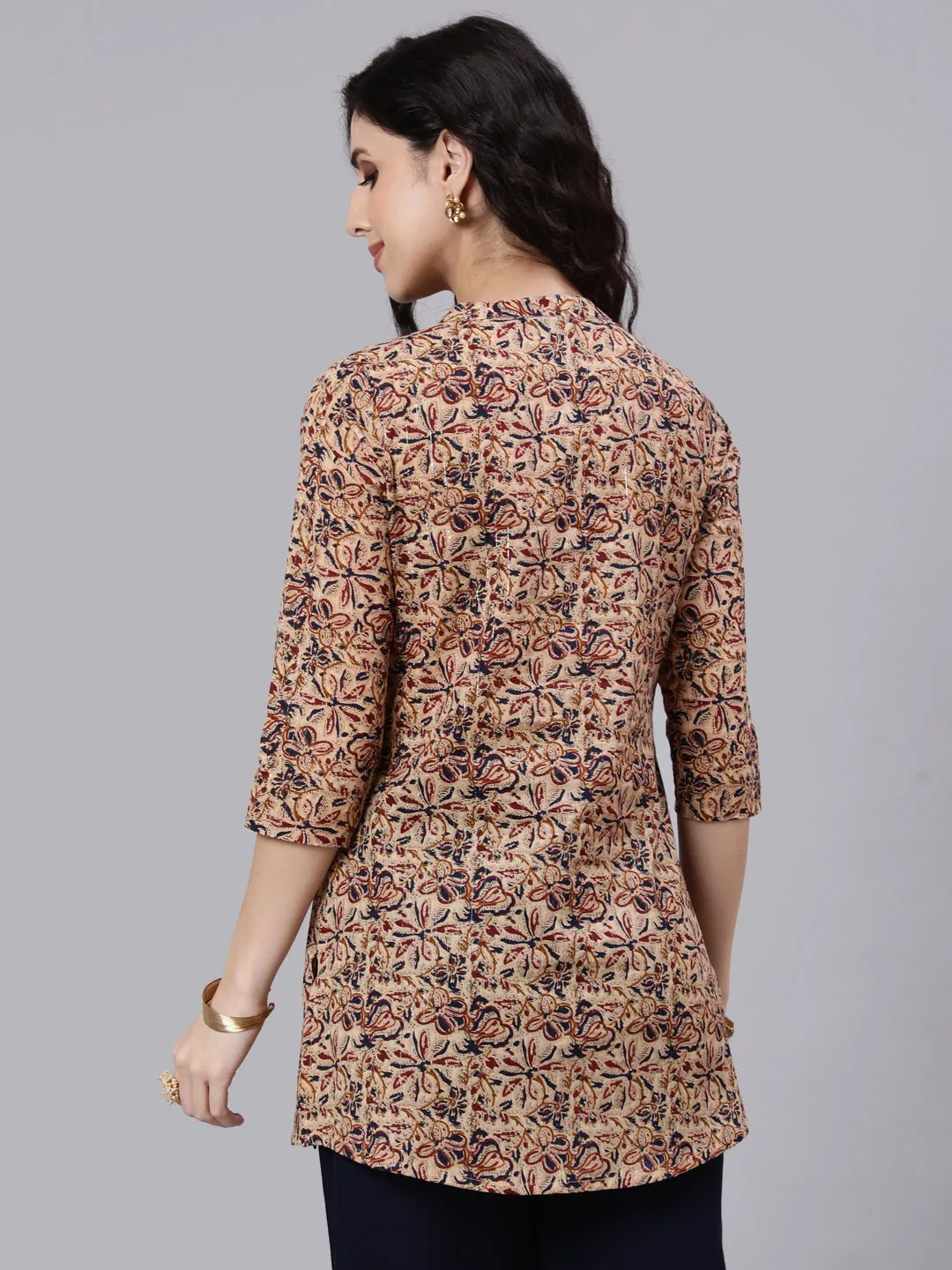 Women Multi Color Printed Straight Tunic With Three Quarter Sleeves