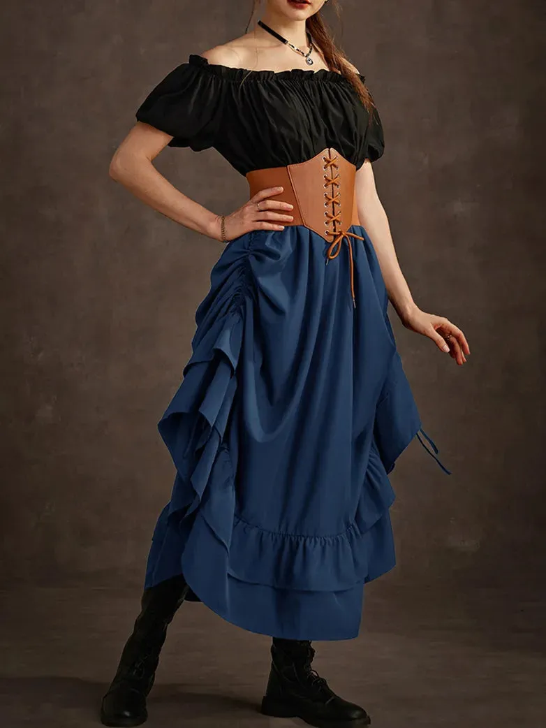 Women Punk Skirts Ruffled High-Low 3 Ways Drawstring Skirt