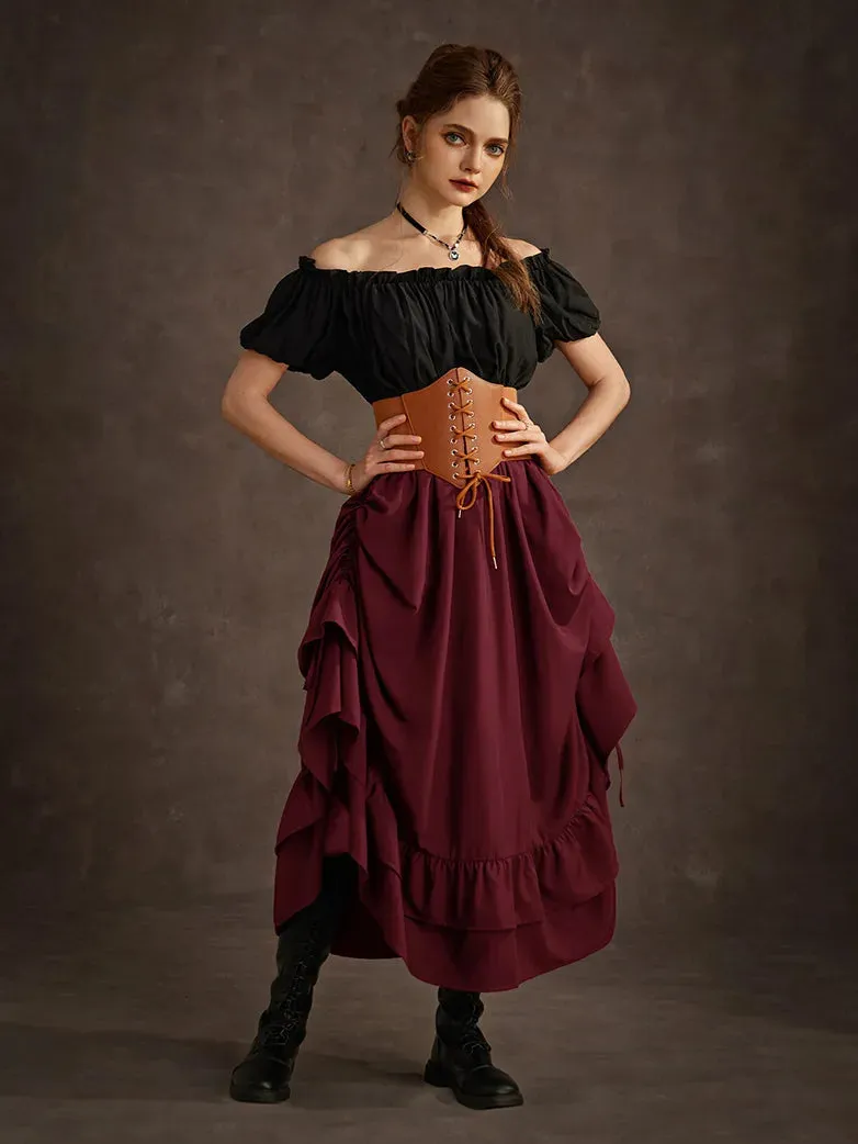 Women Punk Skirts Ruffled High-Low 3 Ways Drawstring Skirt