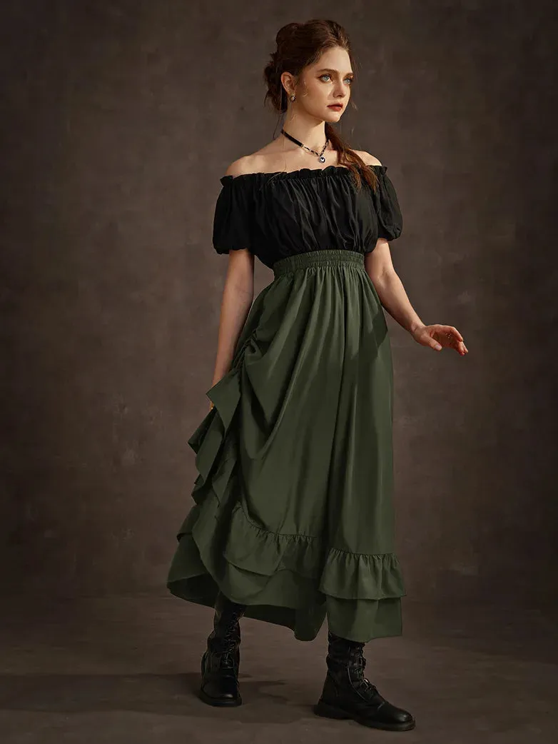 Women Punk Skirts Ruffled High-Low 3 Ways Drawstring Skirt