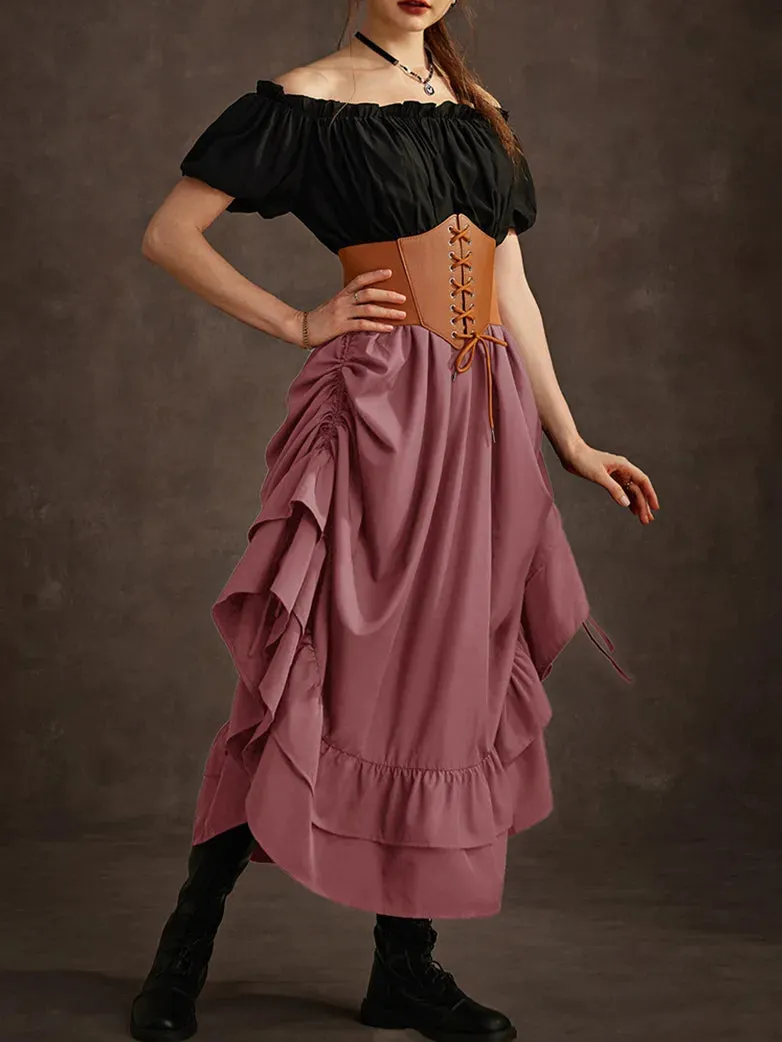 Women Punk Skirts Ruffled High-Low 3 Ways Drawstring Skirt