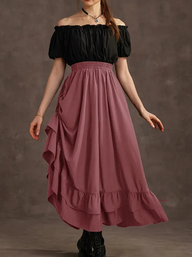 Women Punk Skirts Ruffled High-Low 3 Ways Drawstring Skirt