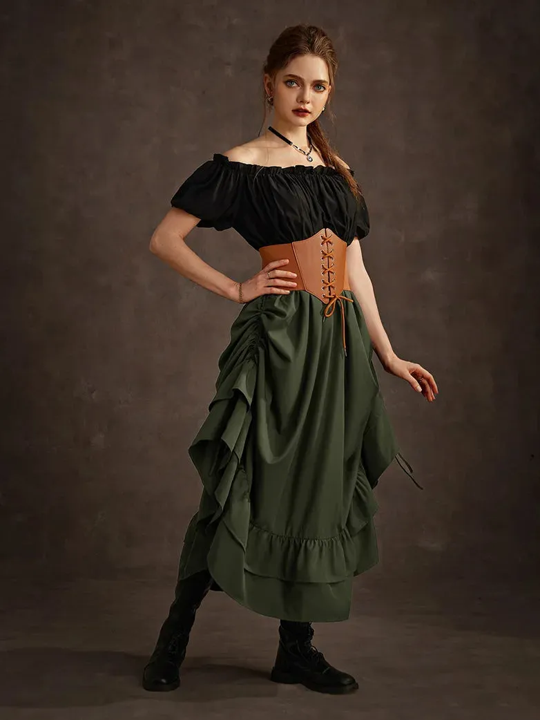 Women Punk Skirts Ruffled High-Low 3 Ways Drawstring Skirt