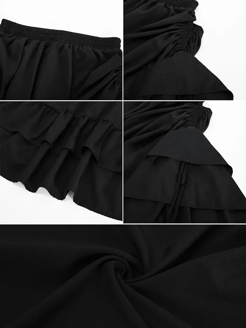 Women Punk Skirts Ruffled High-Low 3 Ways Drawstring Skirt