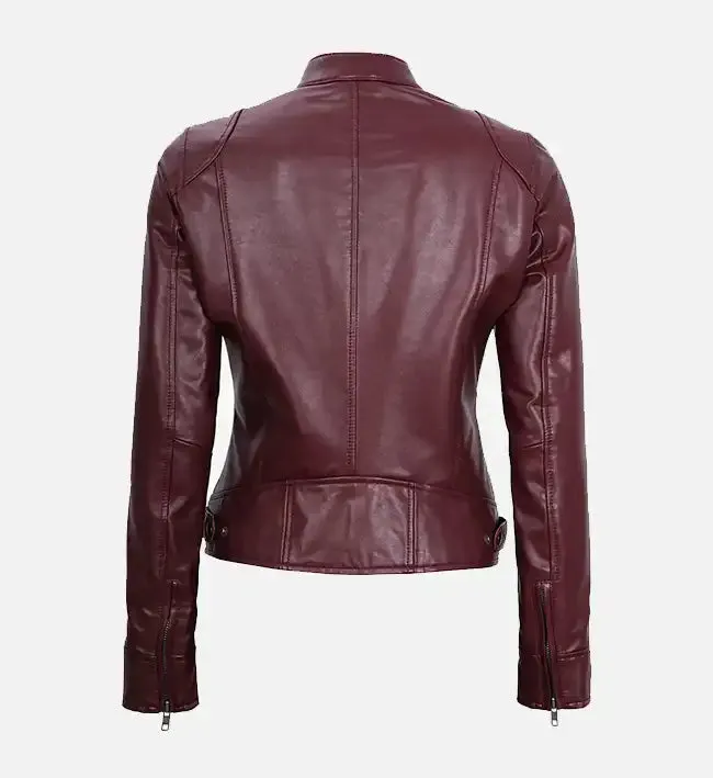 Women's Maroon Leather Moto Jacket