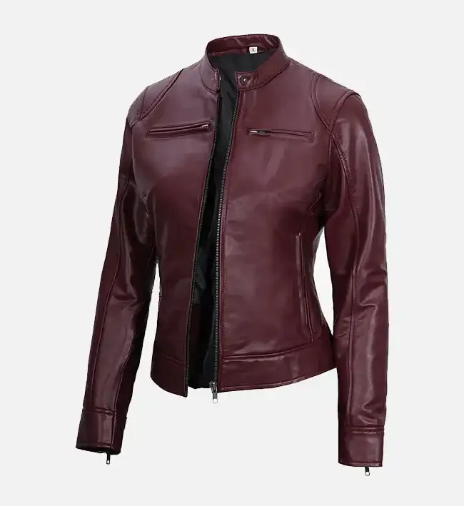 Women's Maroon Leather Moto Jacket