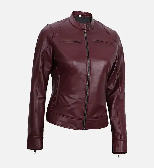 Women's Maroon Leather Moto Jacket