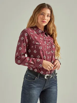 WOMEN'S WRANGLER ESSENTIAL LONG SLEEVE PRINT WESTERN SNAP SHIRT IN PORT ROYALE