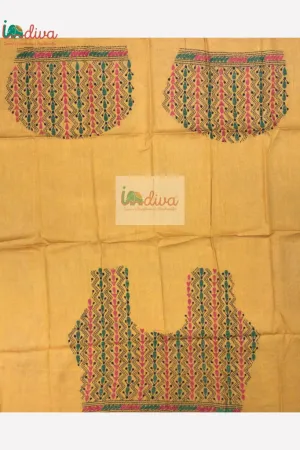 Yellow Kantha Blouse Fabric With Pink, Green & Black Motifs